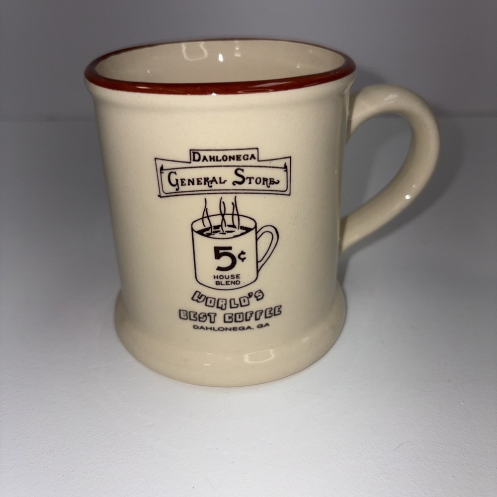 Vintage Dahlonega General Store Coffee Mug Cream W/Brown Rim Gold Rush Stoneware